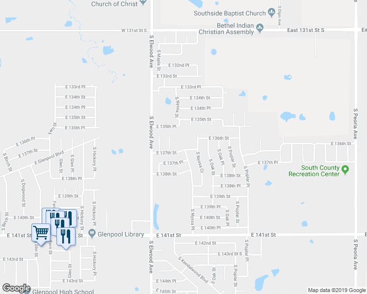 map of restaurants, bars, coffee shops, grocery stores, and more near 1171 East 137th Street in Glenpool