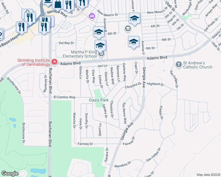 map of restaurants, bars, coffee shops, grocery stores, and more near 782 Sandra Drive in Boulder City
