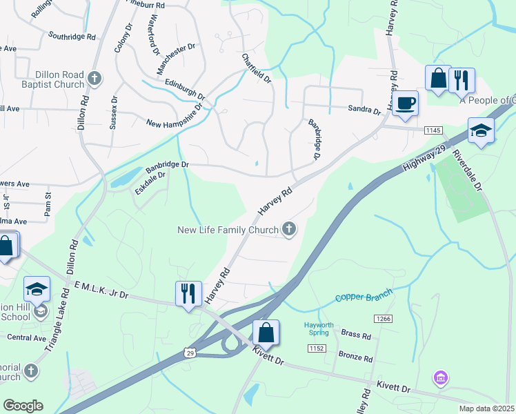 map of restaurants, bars, coffee shops, grocery stores, and more near 5212 Harvey Road in Jamestown
