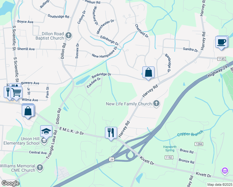 map of restaurants, bars, coffee shops, grocery stores, and more near 5018 Harvey Road in Jamestown