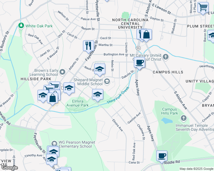 map of restaurants, bars, coffee shops, grocery stores, and more near 2401 Dakota Street in Durham