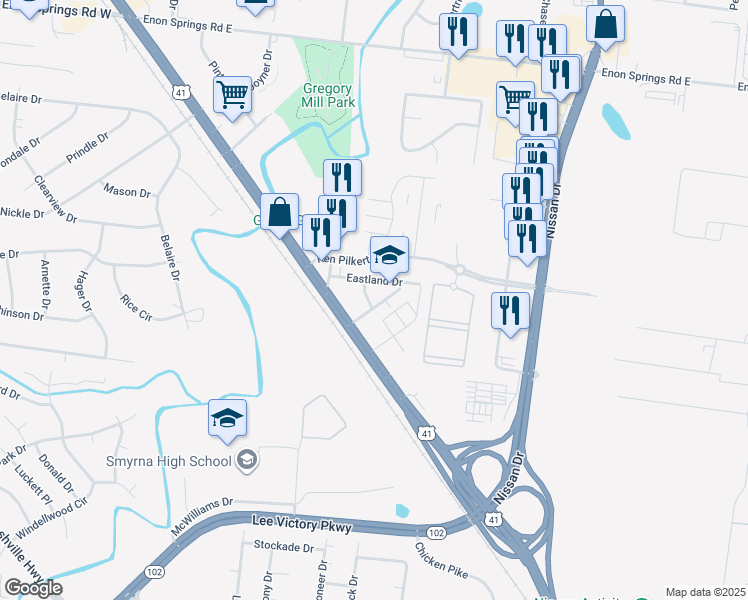 map of restaurants, bars, coffee shops, grocery stores, and more near 201 Stewart Drive in Smyrna