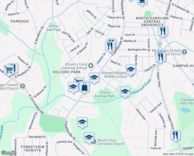 map of restaurants, bars, coffee shops, grocery stores, and more near 2806 Fayetteville Street in Durham