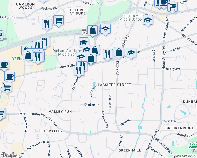 map of restaurants, bars, coffee shops, grocery stores, and more near 3110 Mossdale Avenue in Durham