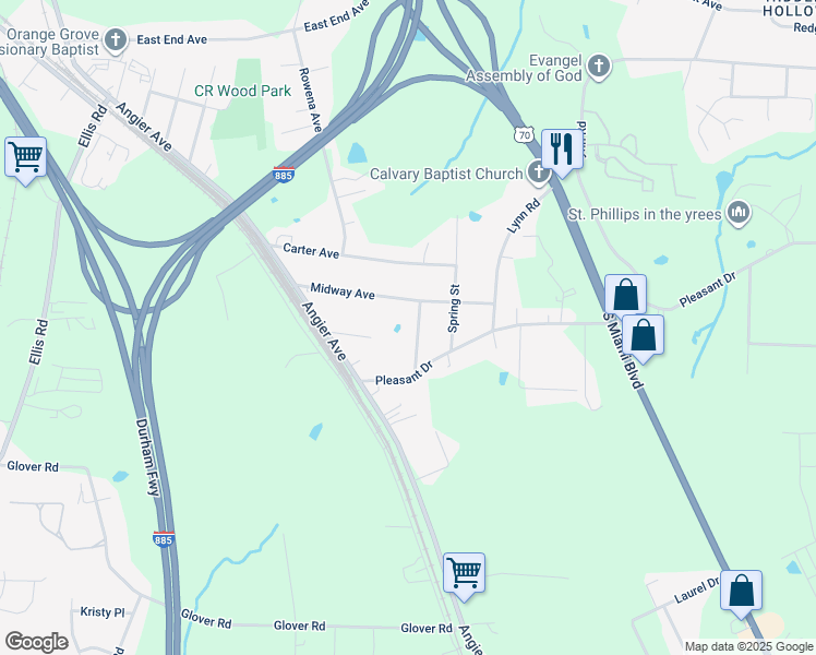 map of restaurants, bars, coffee shops, grocery stores, and more near 410 Boswell Street in Durham