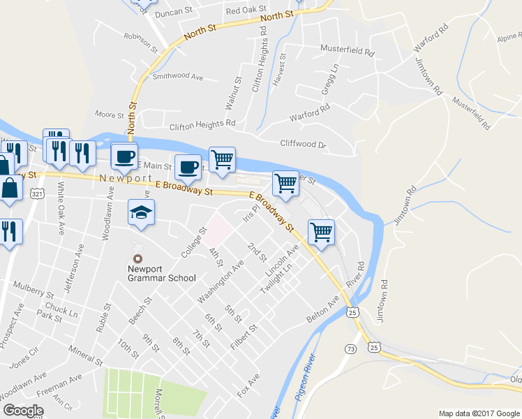 map of restaurants, bars, coffee shops, grocery stores, and more near 501 East Broadway Street in Newport