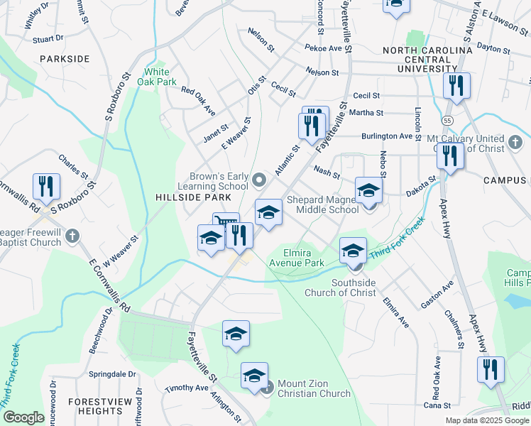 map of restaurants, bars, coffee shops, grocery stores, and more near 2806 Fayetteville Street in Durham