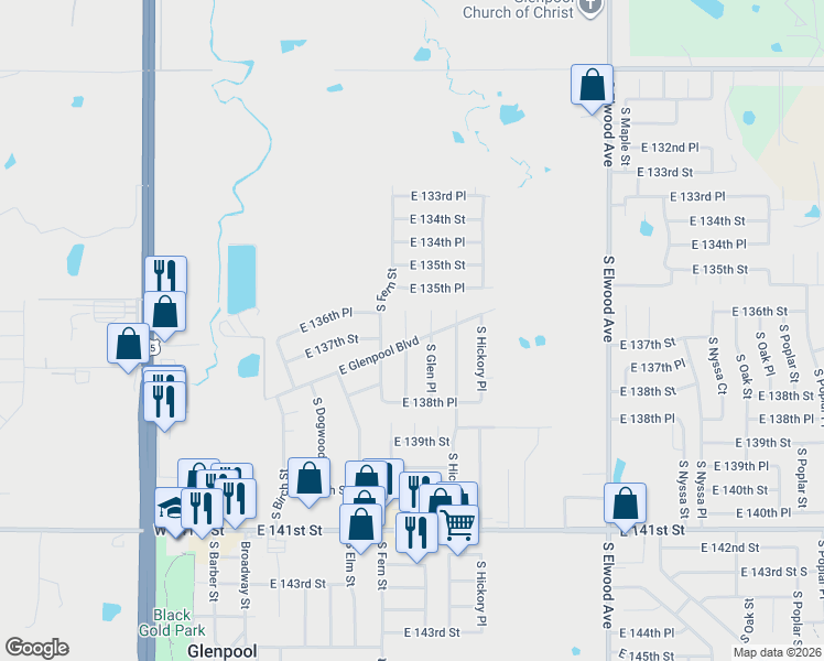 map of restaurants, bars, coffee shops, grocery stores, and more near 13643 Glen Street in Glenpool
