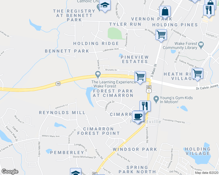 map of restaurants, bars, coffee shops, grocery stores, and more near 1112 Miramir Woods Court in Wake Forest