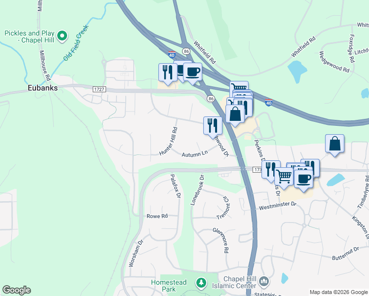 map of restaurants, bars, coffee shops, grocery stores, and more near 110 Autumn Lane in Chapel Hill