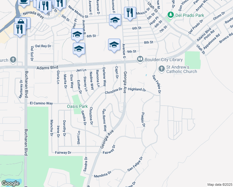 map of restaurants, bars, coffee shops, grocery stores, and more near 701 Capri Drive in Boulder City