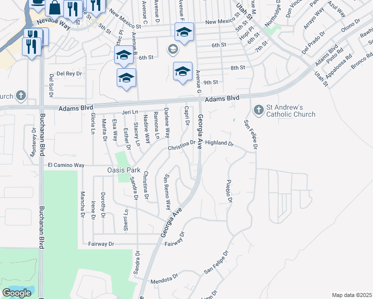 map of restaurants, bars, coffee shops, grocery stores, and more near 701 Capri Drive in Boulder City