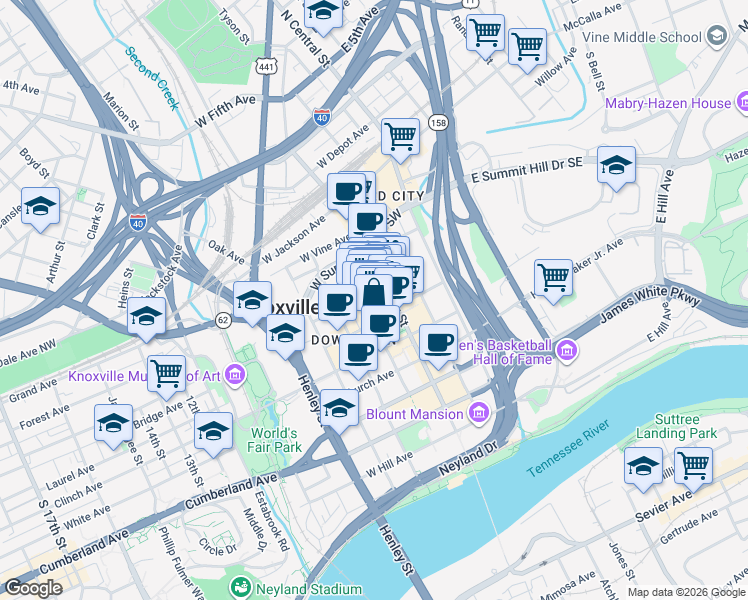 map of restaurants, bars, coffee shops, grocery stores, and more near 18 Market Square in Knoxville