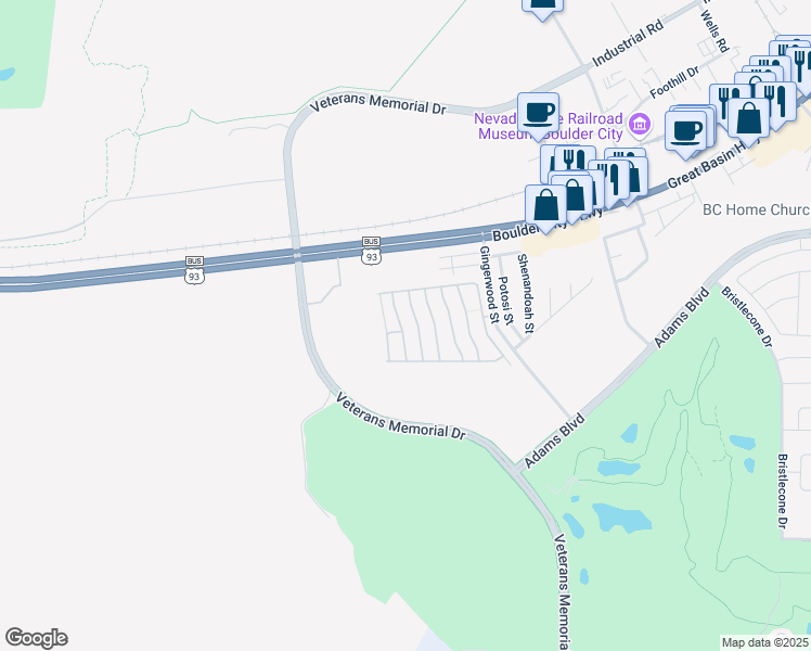 map of restaurants, bars, coffee shops, grocery stores, and more near 1285 Palmwood Street in Boulder City