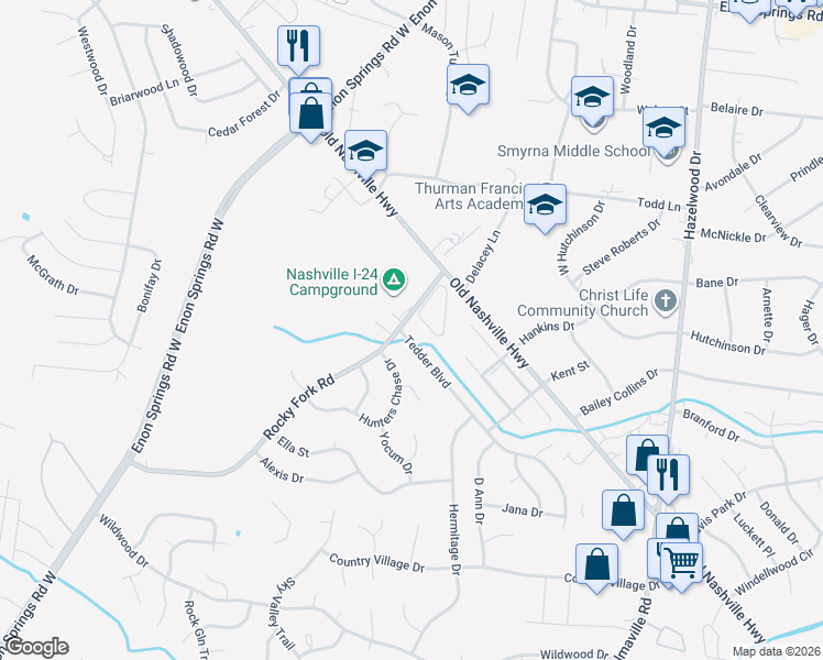 map of restaurants, bars, coffee shops, grocery stores, and more near 101 Tedder Boulevard in Smyrna