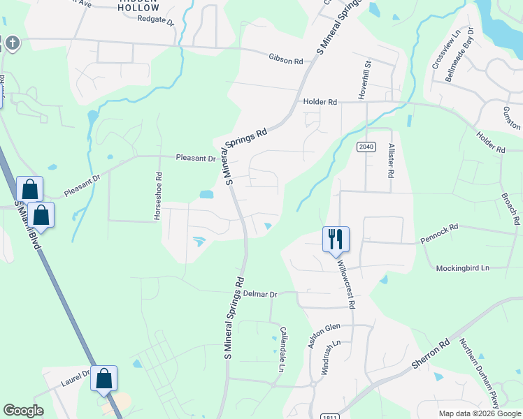 map of restaurants, bars, coffee shops, grocery stores, and more near 2209 Tanners Mill Drive in Durham