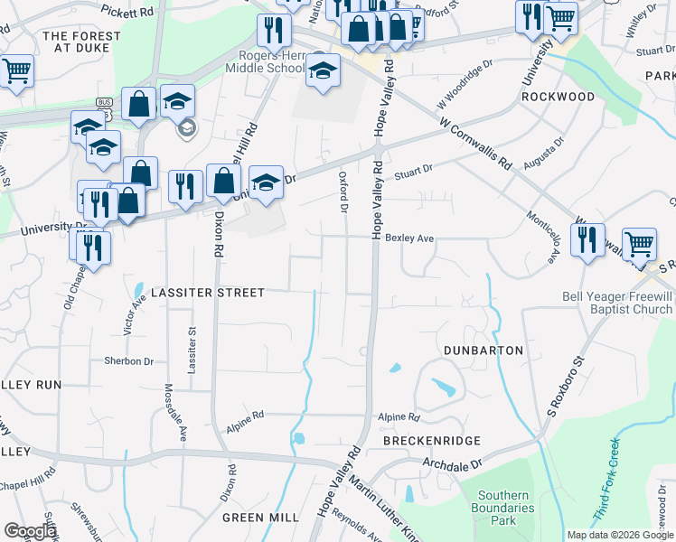map of restaurants, bars, coffee shops, grocery stores, and more near 3116 Oxford Drive in Durham