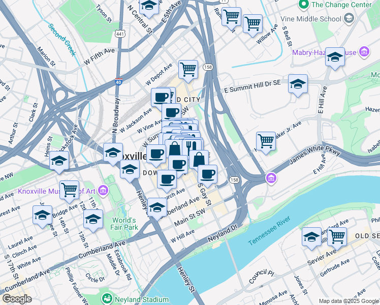 map of restaurants, bars, coffee shops, grocery stores, and more near 205 Union Avenue in Knoxville
