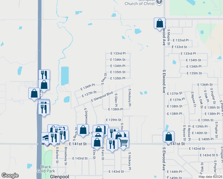 map of restaurants, bars, coffee shops, grocery stores, and more near 13643 Glen Street in Glenpool