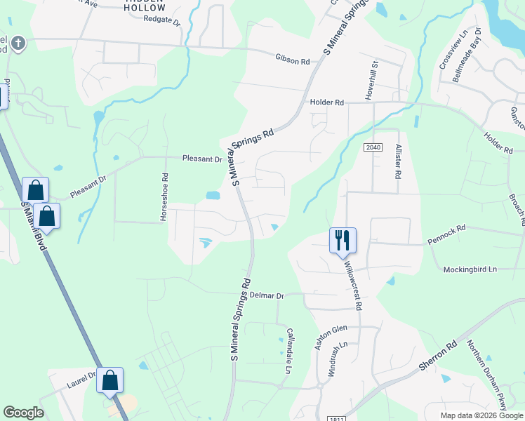 map of restaurants, bars, coffee shops, grocery stores, and more near 2209 Tanners Mill Drive in Durham