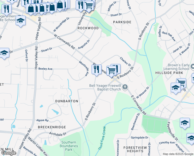 map of restaurants, bars, coffee shops, grocery stores, and more near 2221 Charles Street in Durham