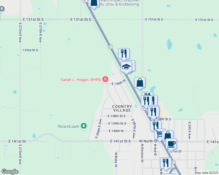 map of restaurants, bars, coffee shops, grocery stores, and more near 13613 South 285th East Avenue in Coweta