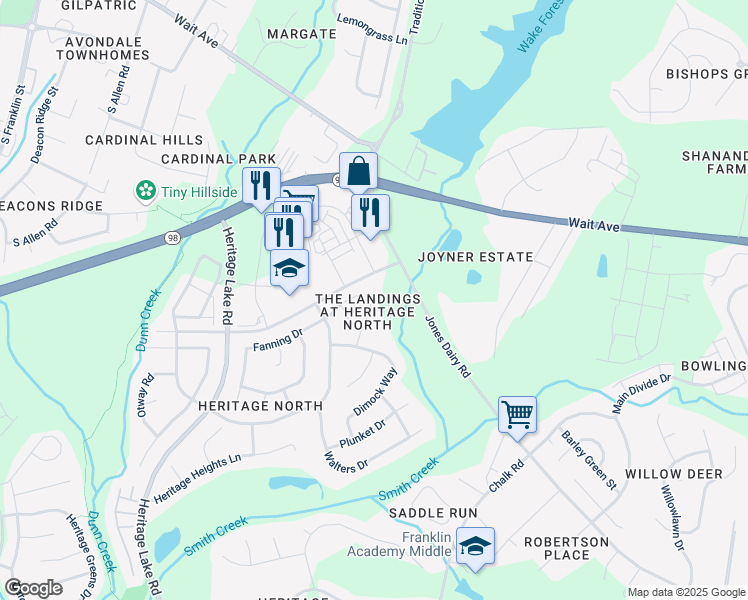 map of restaurants, bars, coffee shops, grocery stores, and more near 369 Hammond Oak Lane in Wake Forest