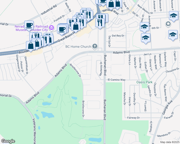 map of restaurants, bars, coffee shops, grocery stores, and more near 1414 Cattail Falls Street in Boulder City