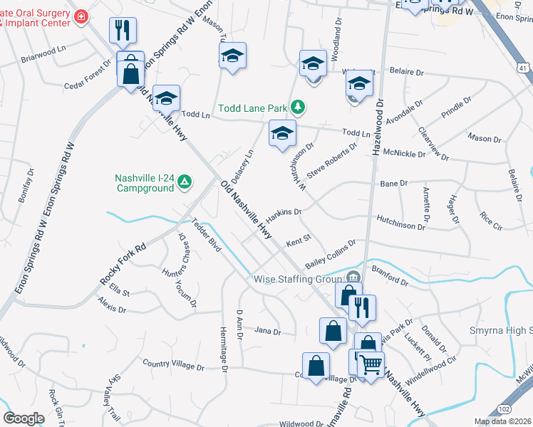 map of restaurants, bars, coffee shops, grocery stores, and more near 212 Hankins Dr in Smyrna