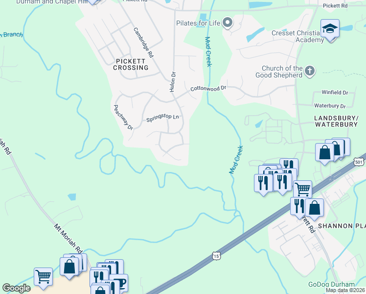 map of restaurants, bars, coffee shops, grocery stores, and more near 4305 Klein Drive in Durham