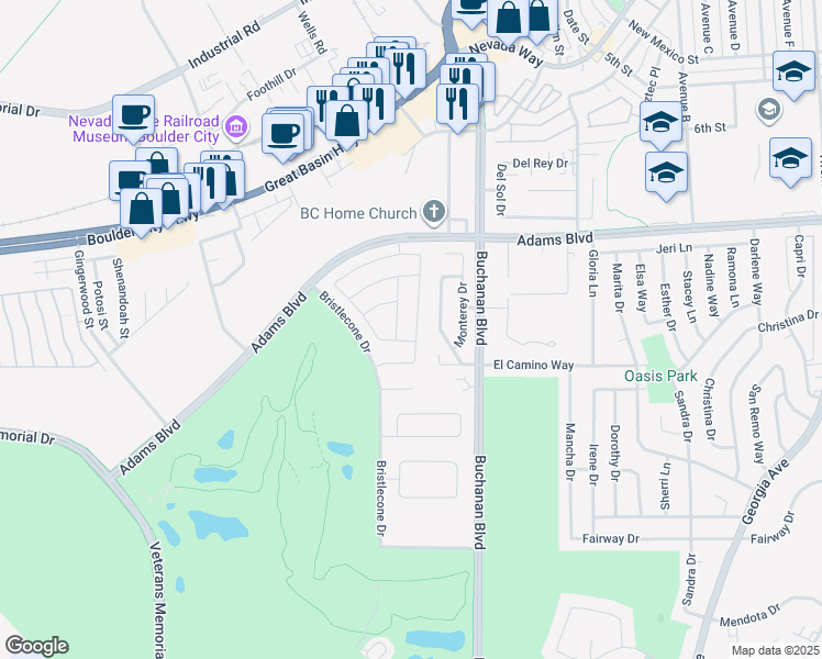 map of restaurants, bars, coffee shops, grocery stores, and more near 1414 Cattail Falls Street in Boulder City