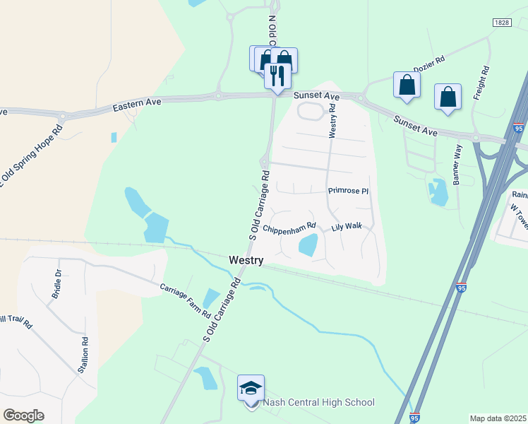 map of restaurants, bars, coffee shops, grocery stores, and more near 108 Chickasaw Court in Rocky Mount