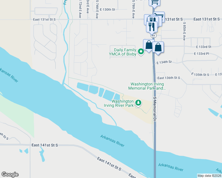 map of restaurants, bars, coffee shops, grocery stores, and more near Fry Creek Trail in Bixby