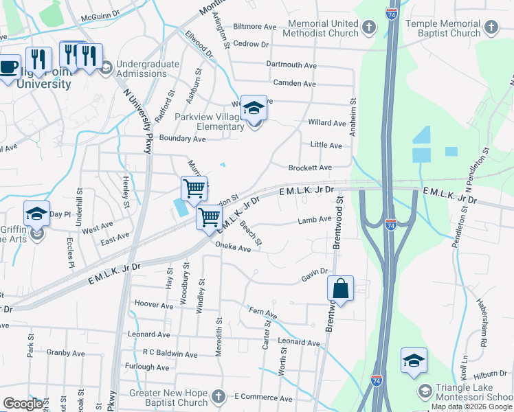 map of restaurants, bars, coffee shops, grocery stores, and more near 1700 East Martin Luther King Junior Drive in High Point