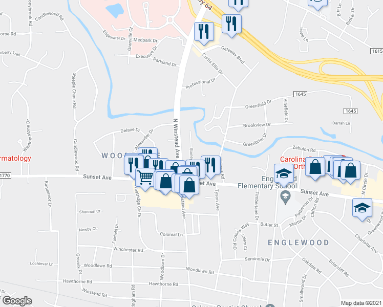 map of restaurants, bars, coffee shops, grocery stores, and more near 111 Stony Creek Drive in Rocky Mount