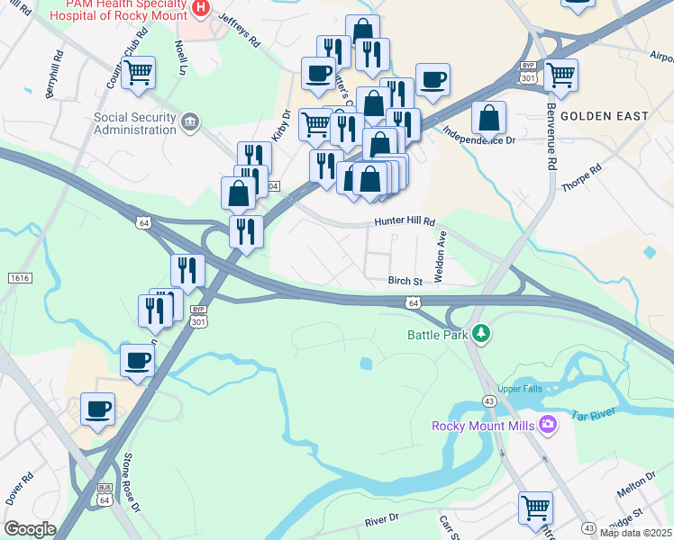 map of restaurants, bars, coffee shops, grocery stores, and more near 1408 Cardinal Street in Rocky Mount