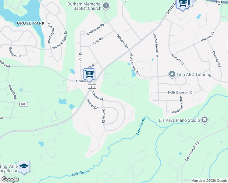 map of restaurants, bars, coffee shops, grocery stores, and more near 1702 Nellora Lane in Durham