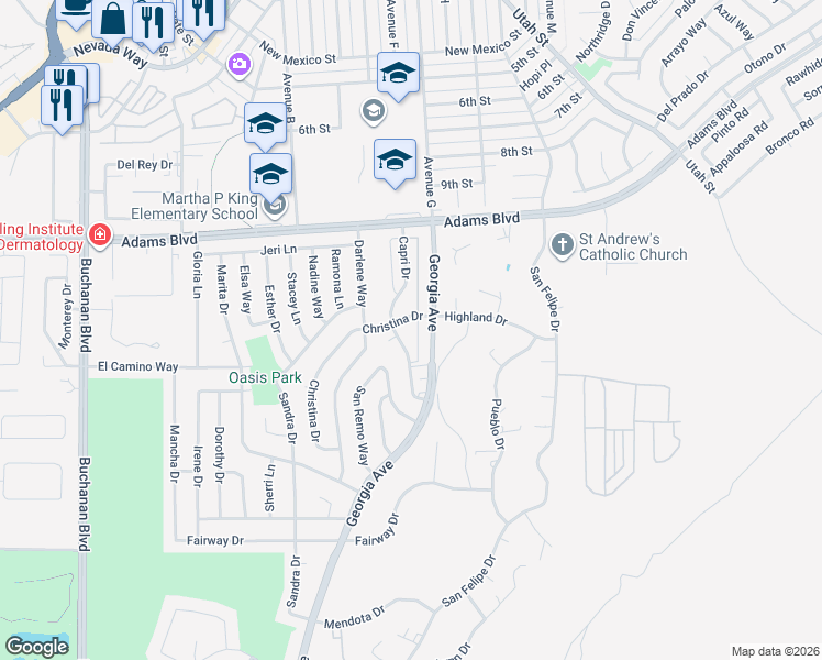 map of restaurants, bars, coffee shops, grocery stores, and more near 701 Capri Drive in Boulder City