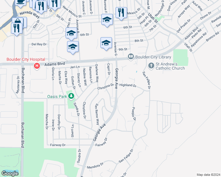 map of restaurants, bars, coffee shops, grocery stores, and more near 701 Capri Drive in Boulder City