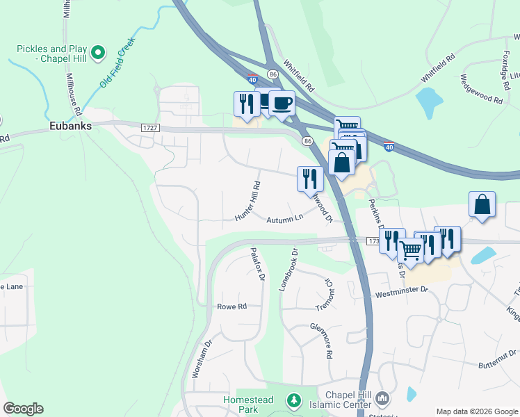 map of restaurants, bars, coffee shops, grocery stores, and more near 110 Autumn Lane in Chapel Hill