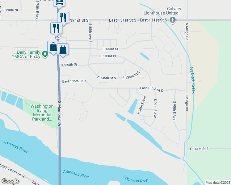map of restaurants, bars, coffee shops, grocery stores, and more near 13632 South 87th East Avenue South in Bixby