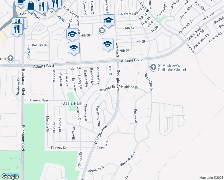 map of restaurants, bars, coffee shops, grocery stores, and more near 701 Capri Drive in Boulder City