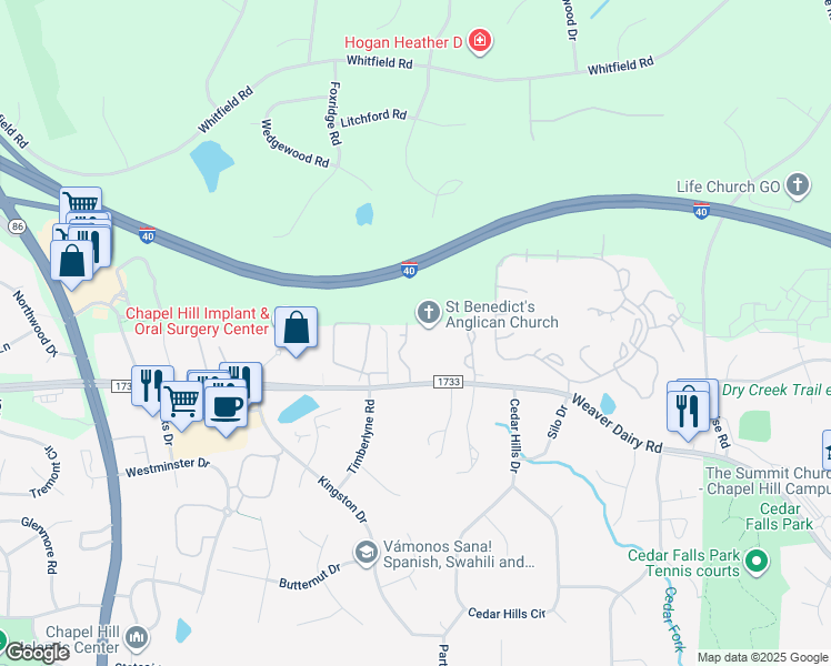 map of restaurants, bars, coffee shops, grocery stores, and more near 110 Weatherstone Drive in Chapel Hill