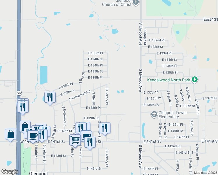 map of restaurants, bars, coffee shops, grocery stores, and more near 13653 East 91st Street in Glenpool