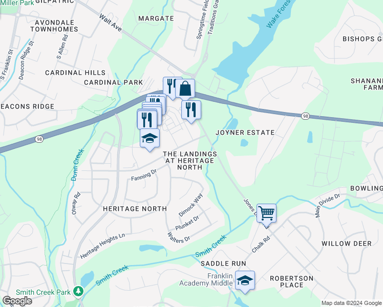 map of restaurants, bars, coffee shops, grocery stores, and more near 365 Hammond Oak Lane in Wake Forest