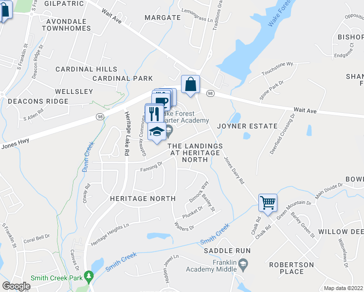 map of restaurants, bars, coffee shops, grocery stores, and more near 313 Hammond Oak Lane in Wake Forest
