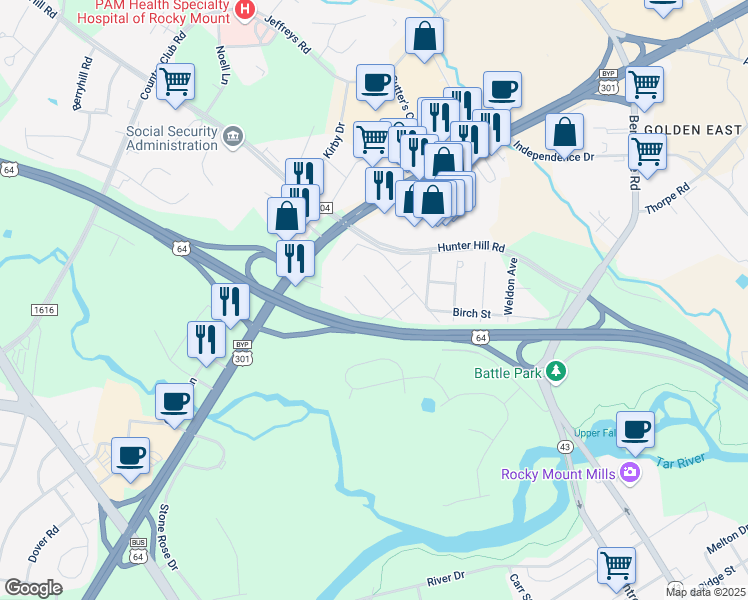 map of restaurants, bars, coffee shops, grocery stores, and more near 1513 Raymond Street in Rocky Mount
