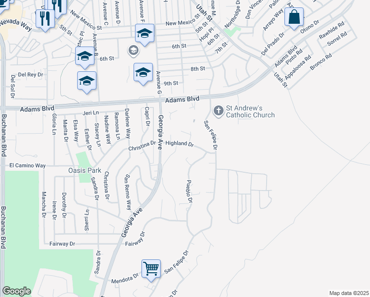 map of restaurants, bars, coffee shops, grocery stores, and more near 1405 Highland Drive in Boulder City