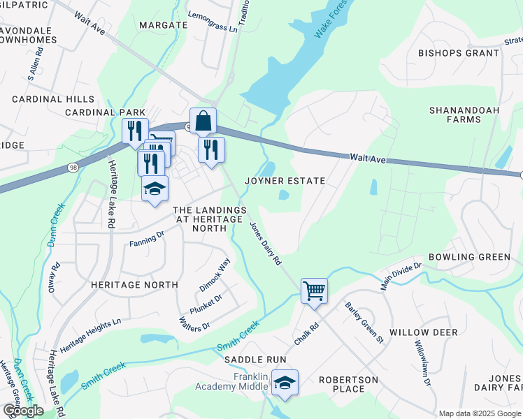 map of restaurants, bars, coffee shops, grocery stores, and more near 303 Jones Dairy Road in Wake Forest