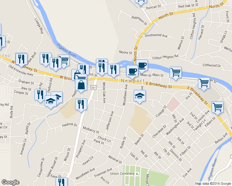 map of restaurants, bars, coffee shops, grocery stores, and more near 151 Riverview Street in Newport